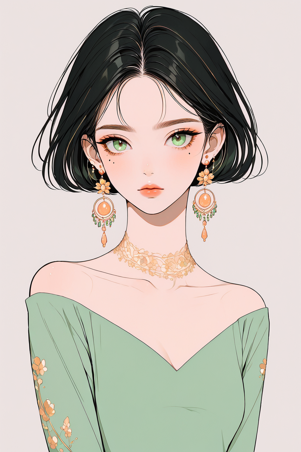 27897-3550010205-_lora_NHmix_0.85_,mh, 1girl, solo, jewelry, earrings, green eyes, mole, mole under eye, looking at viewer, short hair, simple ba.png